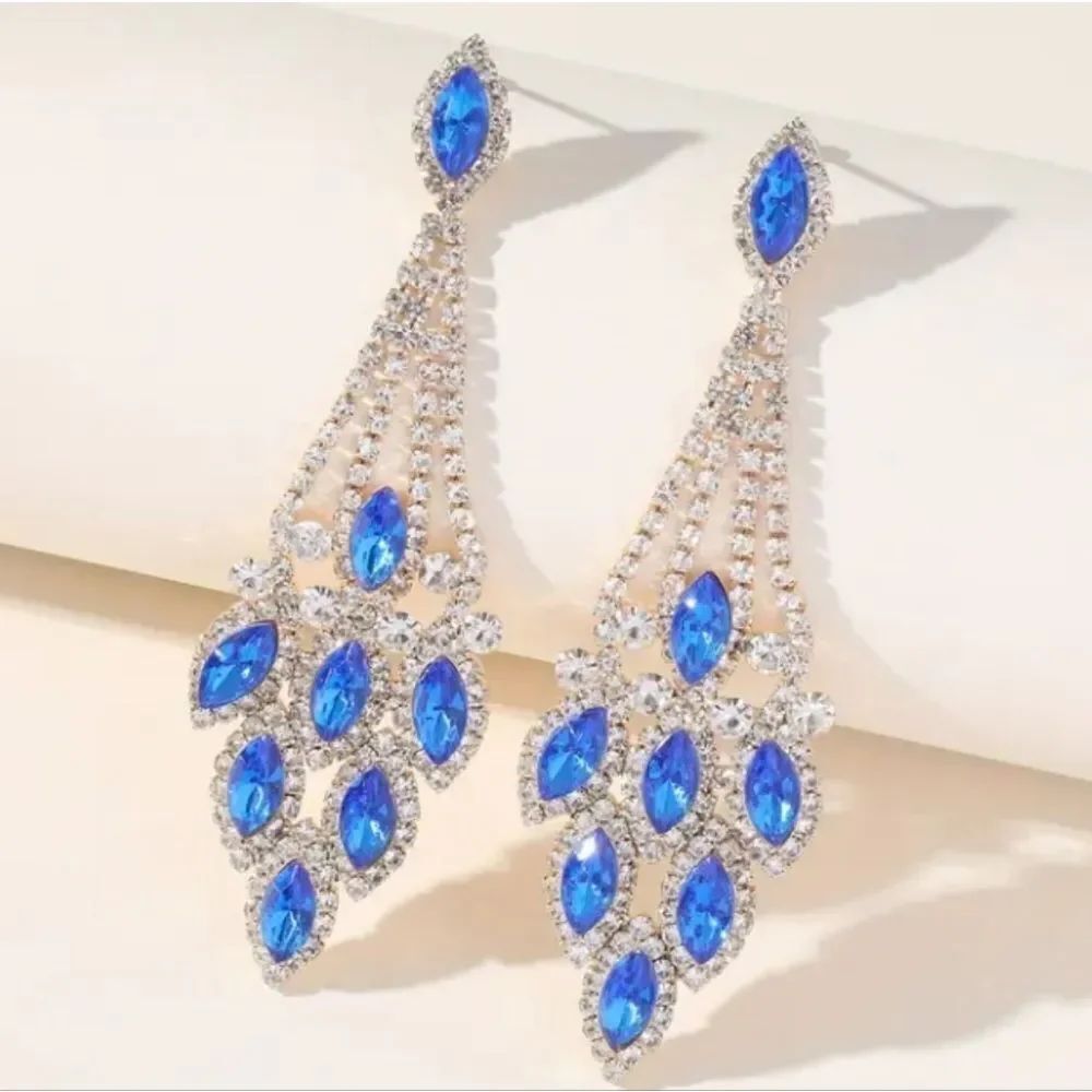 Silver Blue Sapphire Crystals Chandelier Diamond Earrings